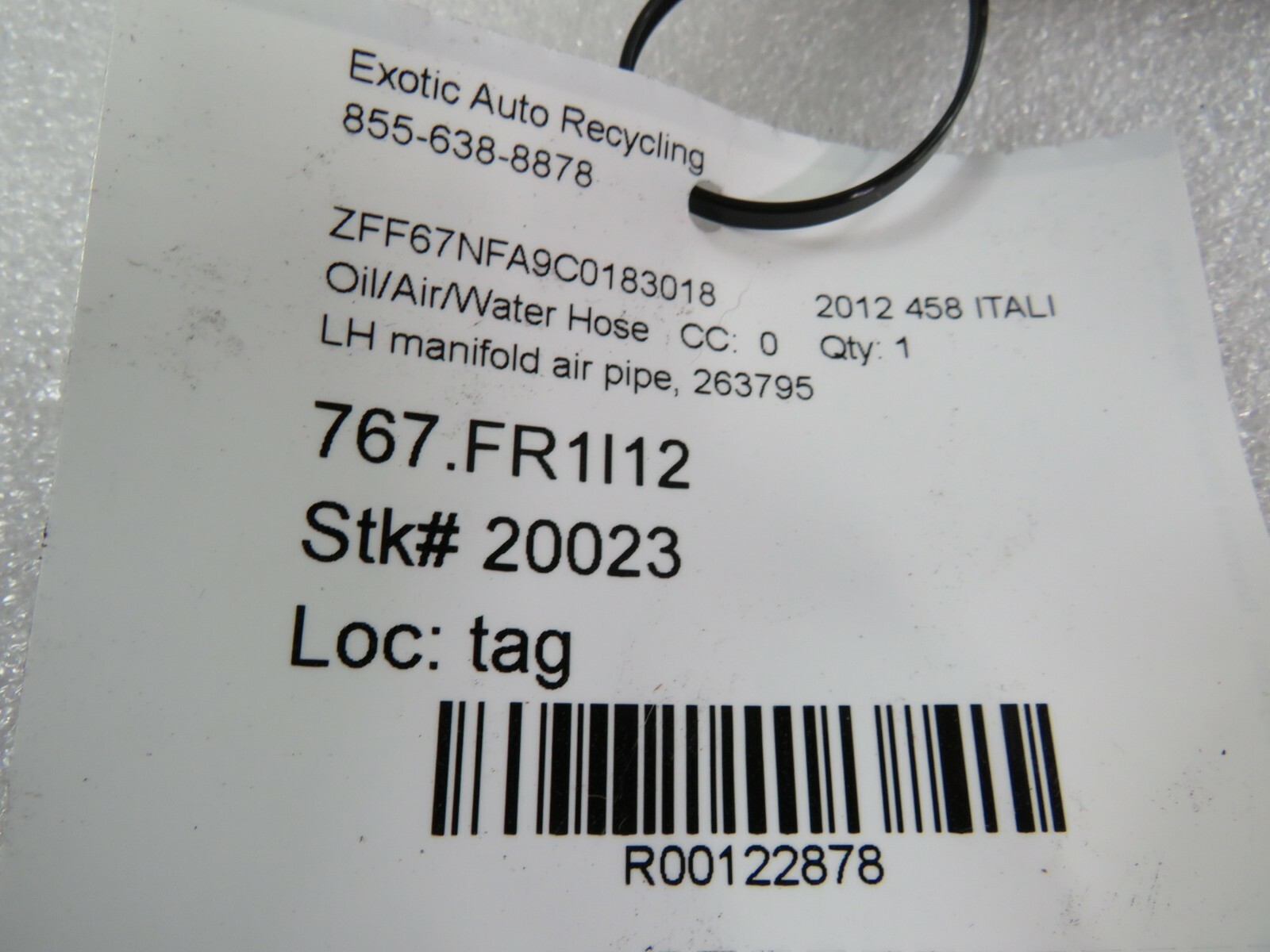 Ferrari 458 Italia, LH, Left Manifold Air Pipe Hose, Used, P/N 263795