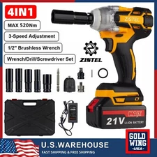 1/2" Cordless Impact Wrench Kit 21V 520Nm High Torque Brushless Drill 4IN1 Tools