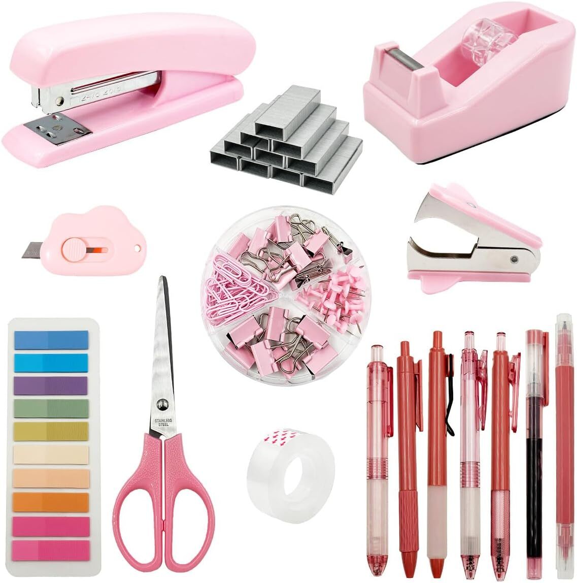 Office Supplies Desk Accessories, Pink Stapler with Staples,Tape