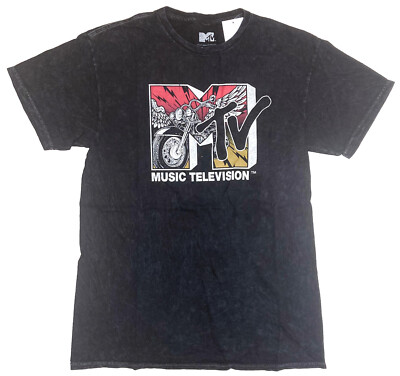 #ad MTV Music Television Classic Motorcycle Logo Men#x27;s Black Acid Wash T Shirt New $14.99
