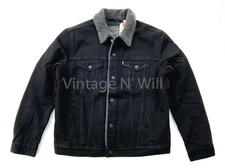 Levis Red Tab Mens Type 3 Duvall Black Denim Jean Sherpa Lined Trucker Jacket