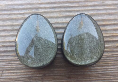 RARE! PAIR OF GOLDEN OBSIDIAN DROP PLUGS GAUGES BODY JEWELRY DOUBLE FLARED - Picture 1 of 5