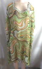 SWIMSUIT BEACH COVER UP TOP GREEN ORANGE WHITE BEADED NECKLINE SHEER S