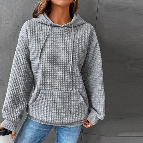 Langärmliges Damen-Sweatshirt Mit Kapuze Waffel-Oberteil Kordelzug- < - Bild 10 von 31