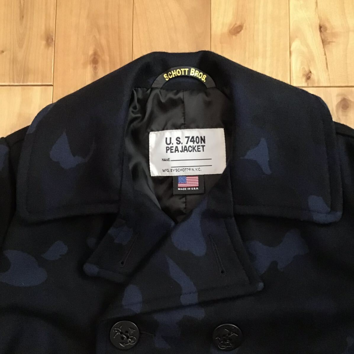 B APE×SCHOTT迷彩カモフラ メルトンウール コラボ Pコート／サイズM B APE×SCHOTT迷彩カモフラ メルトンウール コラボ Pコート／サイズM