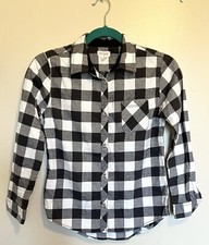 Cat Jack Girls Flannel Checkered Shirt Size L 10-12 Black White Button Up Top