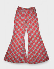 Vintage Bell Bottoms Womens 24 Red Plaid Flare Wide Leg Hippy 70s Cotton Disco