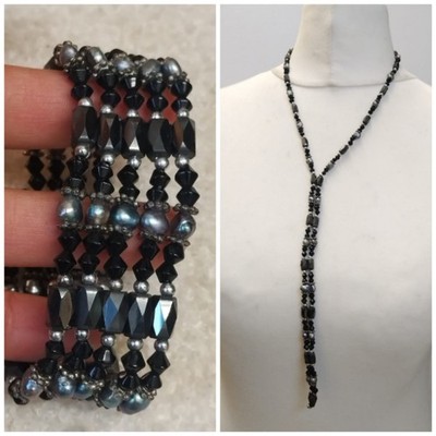 Gunmetal grau magnetisch, Kunstperlen, schwarz, silberfarben Perlen Waffe Manschette Armband
