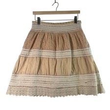 Crochet Lace Eyelet Tiered Mini Skirt S Tan Boho Cottagecore Prairie Fairy Soft