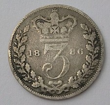 1886 Queen Victoria Young Head .925 Silver UK Three Pence Threepence 3d coin