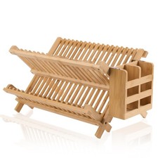 Bamboo Dish Drying Rack-2 Tier, Collapsible Small Dish Rack with Utensil Hold...