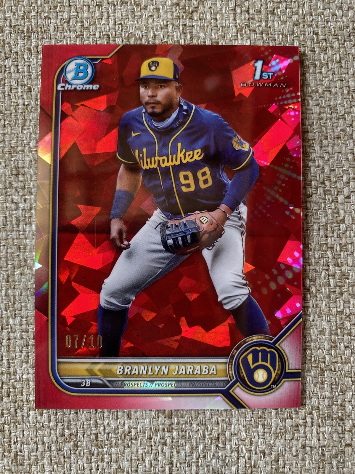 2022 Bowman Sapphire Red Refractor /10 Branlyn Jaraba #BCP-15 Brewers