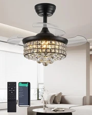 30 Inch Dimmable Chandelier Ceiling Fan Crystal Fandelier Ceiling Fan with Li...