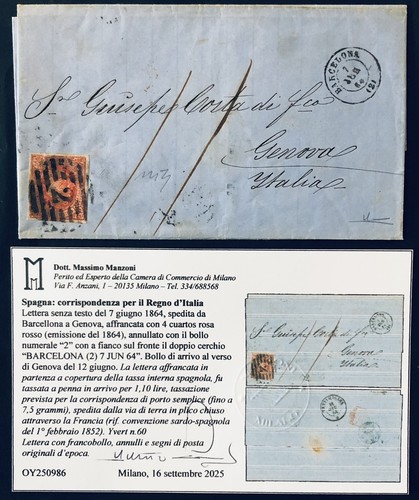 Spain 4 Quartos 1864 Barcelona Letter Taxed Italy 1.10 Lire Genoa Rare