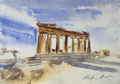 ORIGINAL Aquarell Gemälde Akropolis Parthenon Athen 12''x16'' Marilyn Allis