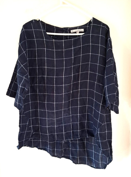 HAMMOCK & VINE NAVY & WHITE STRIPE CHECK LINEN TOP. SIZE 12