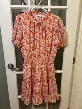 Meet Me In Santorini Dress Sz M Pink Floral Smocked waist Tiered Boho Mini Dress