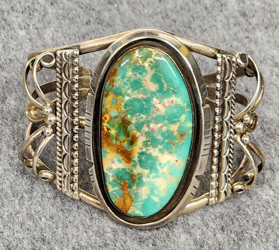 Sterling Silver Split Cuff Turquoise Cabochon Bra… - image 1