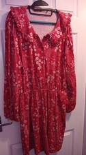 The Factory Shop Women’s Red White Floral Smock Dress Size 22 V-Neck Long Sleeve