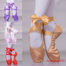 Kid Adult Shiny Ballet Dance Shoes Lace Up Faux Silk Satin Soft Sole Practice