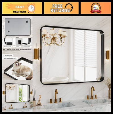 48x30 Inch Black Metal Framed Bathroom Mirror - Modern Rounded Rectangular, Anti