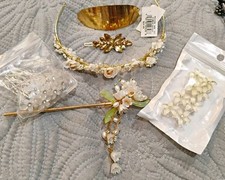 Gold  White Metal Flower Hair Clip Set Pearl Rhinestone Floral Wedding