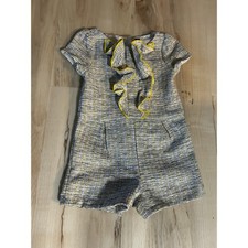 Janie and Jack Girls Size 3 Tweed Romper Ruffle Yellow Blue Preppy Cottagecore
