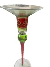 Christmas Tall Candlestick Pier One Hand BLOWN GLASS Hand painted Red And Green