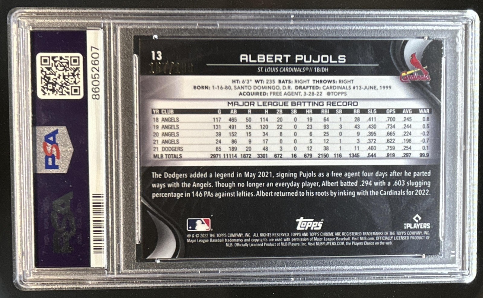 2022 Topps Chrome Black Albert Pujols Refractor #/199 Cardinals PSA 9 view 2