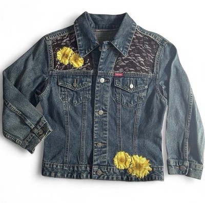 Esprit Women's Denim Jean Jacket Embroidered Sunflower Lace Western Bohemian