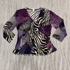 VTG MSK Beaded Top V-Neck Animal Print Y2K 3/4 Length Sleeve Women’s Sz L