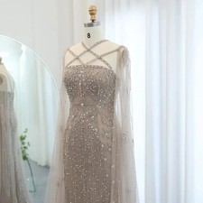 Luxury Mermaid Evening Dress with Cape Sleeve Criss Cross Formal Party Gowns