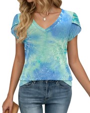 Women's T Shirt Petal Sleeve V Neck Tees Summer Tops M, Dyed Blue Green White