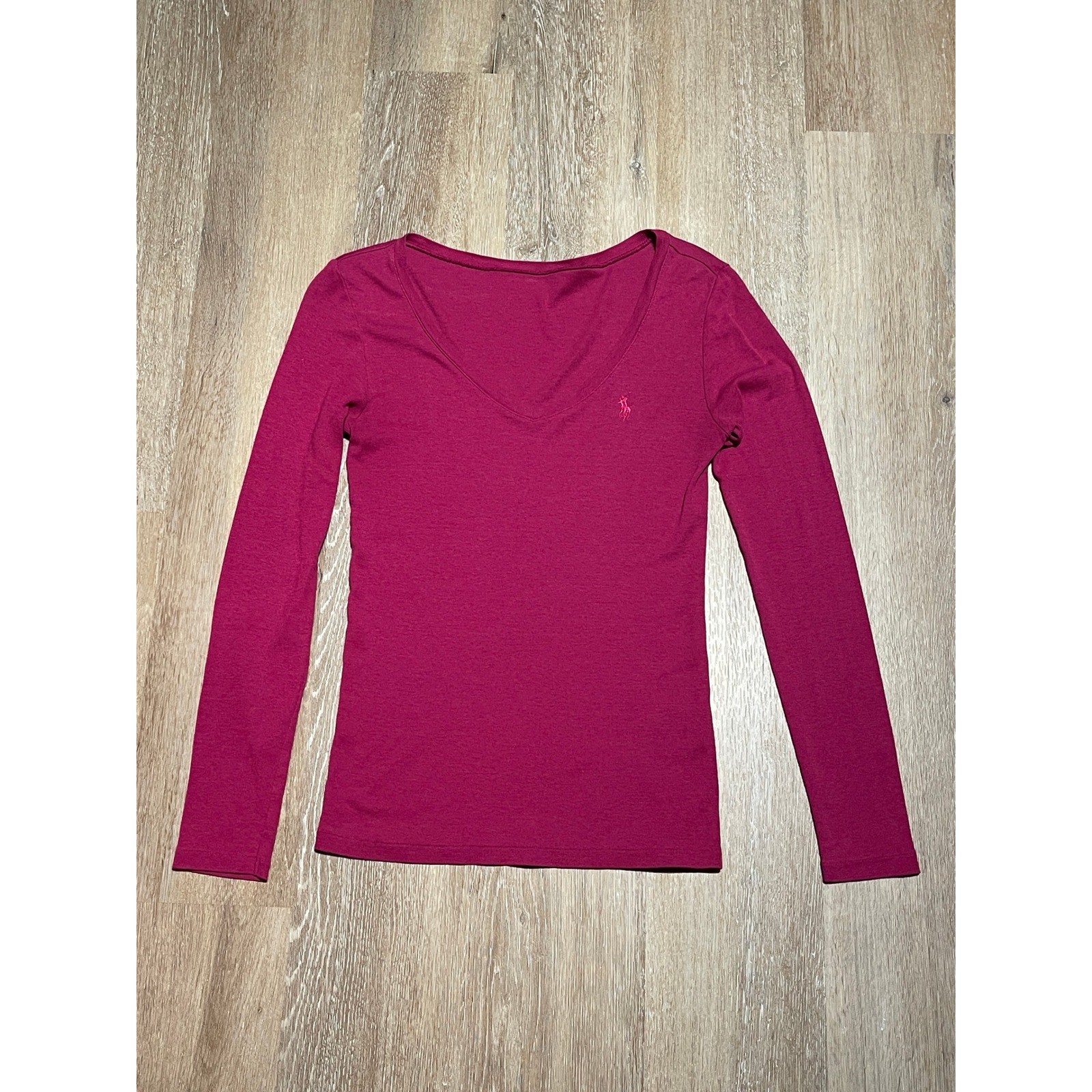 T shirt Ralph Lauren manica lunga S scollo a V top logo pony rosa lusso morbida usata in ottime condizioni