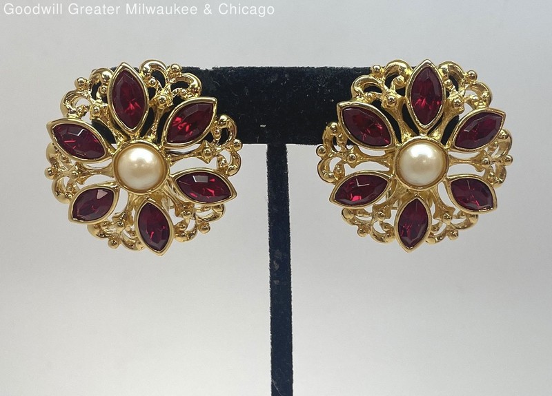 Vintage Gold Tone Large Floral Faux Pearl Rhinestone earrings 30.6g