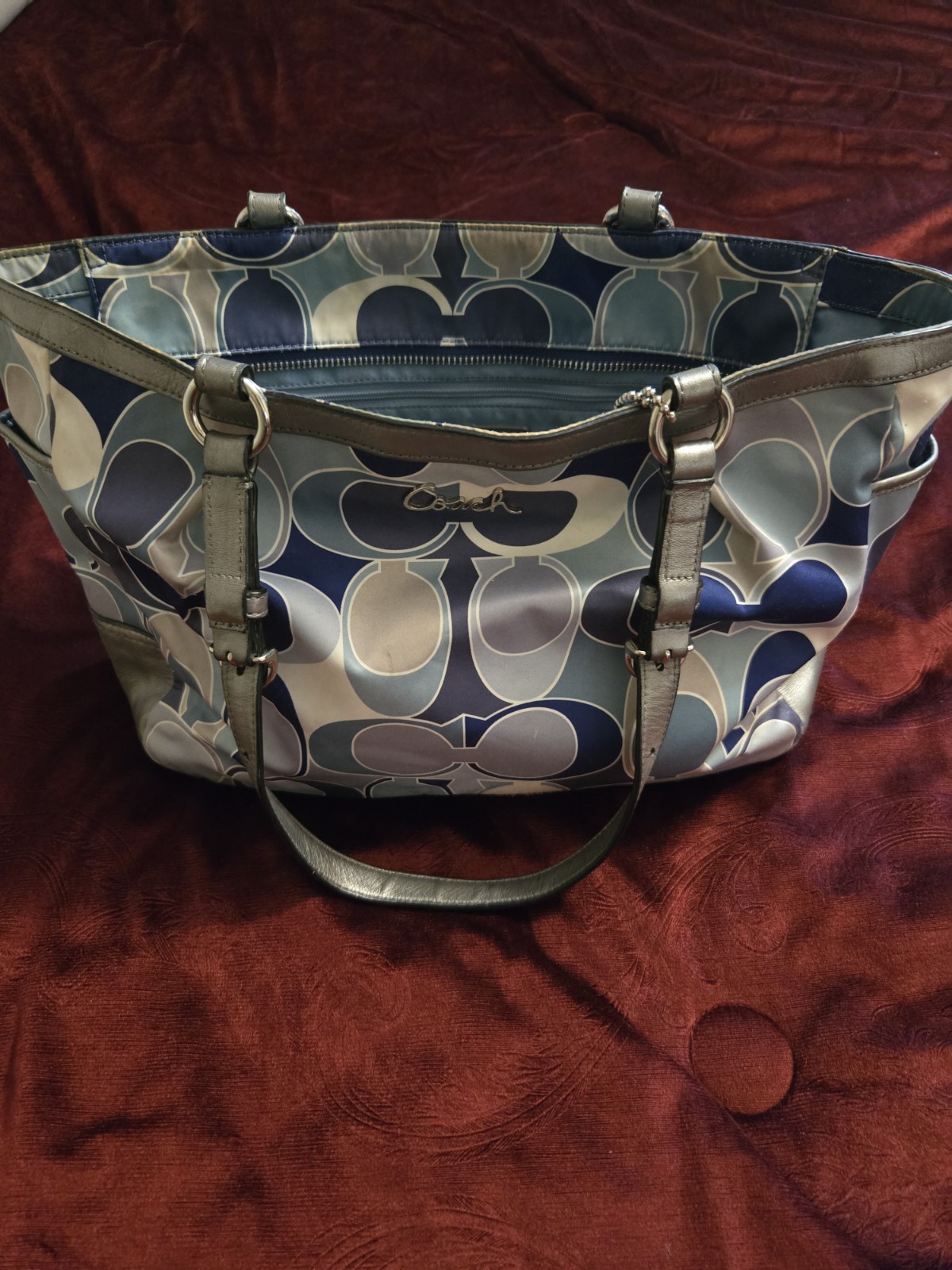Coach Signature Monogram Blue Navy And Silver Metallic Shoulder Bag Classy Style