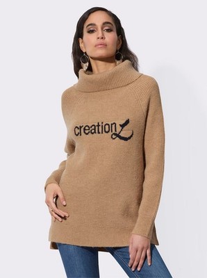 Pullover beige 44 Damen Rollkragenpullover mit Jacquard-Schriftzug - 4.9007