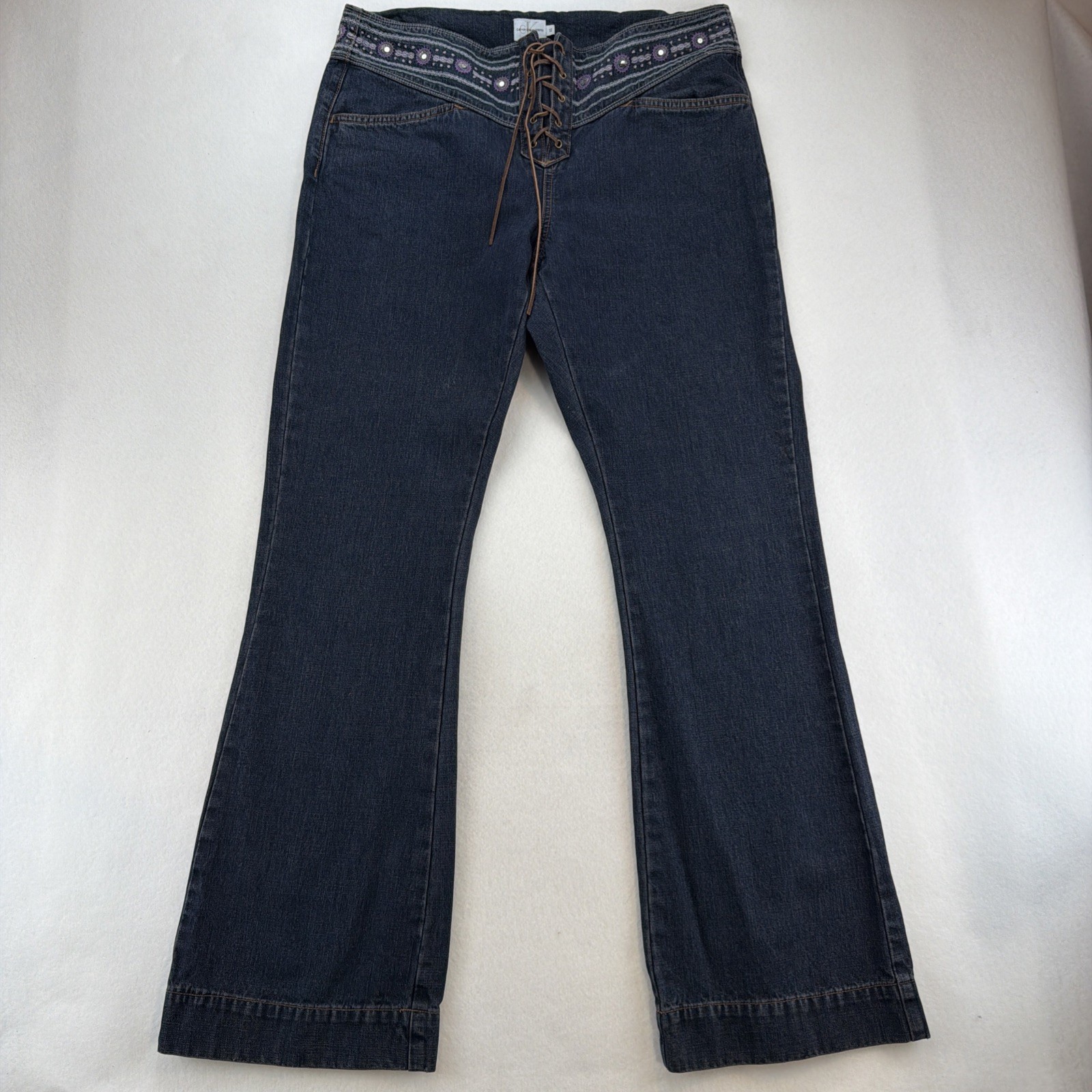 Women&rsquo;s Sz 12 Flare Leather Lace Up Embroidered Hippie