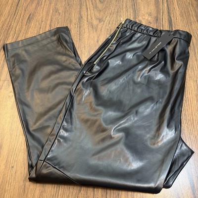 H Halston Black Shiny F aux Leather Leggings 2X Side Zip Elastic Waist 40x31