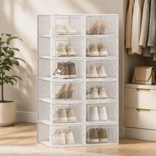 12 Pack Clear Shoe Storage Boxes Stackable Plastic Shoe Organizer Magnetic Door