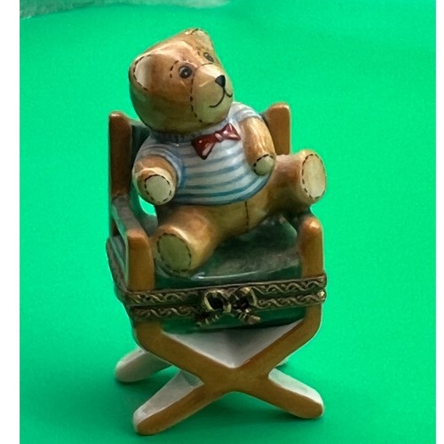 Vtg Limoges France Porcelain Teddy Bear In Director's Chair Trinket Box