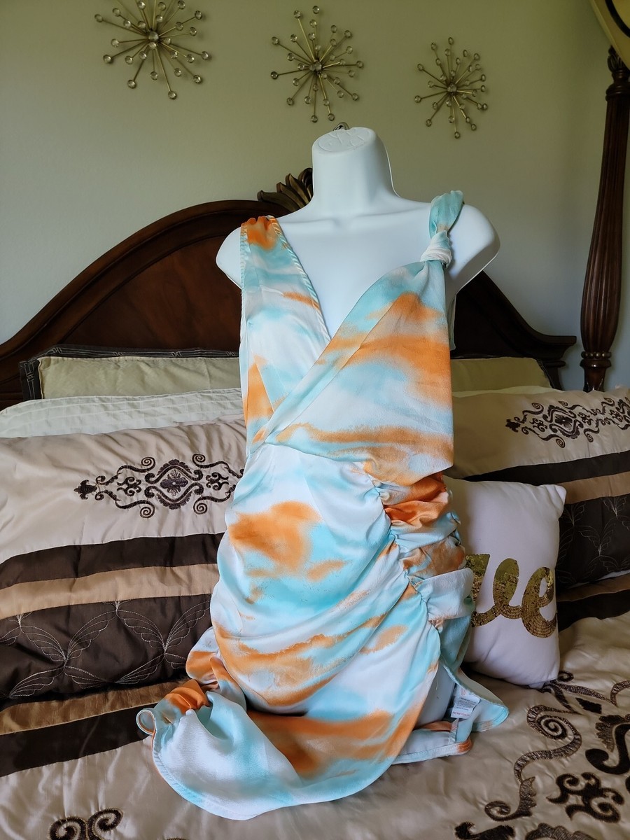 multi tie dye satin plunge wrap ruched bodycon dress New Pretty Little Thing Multi Tie Dye Satin Plunge Wrap Ruched Bodycon Dress Sz6