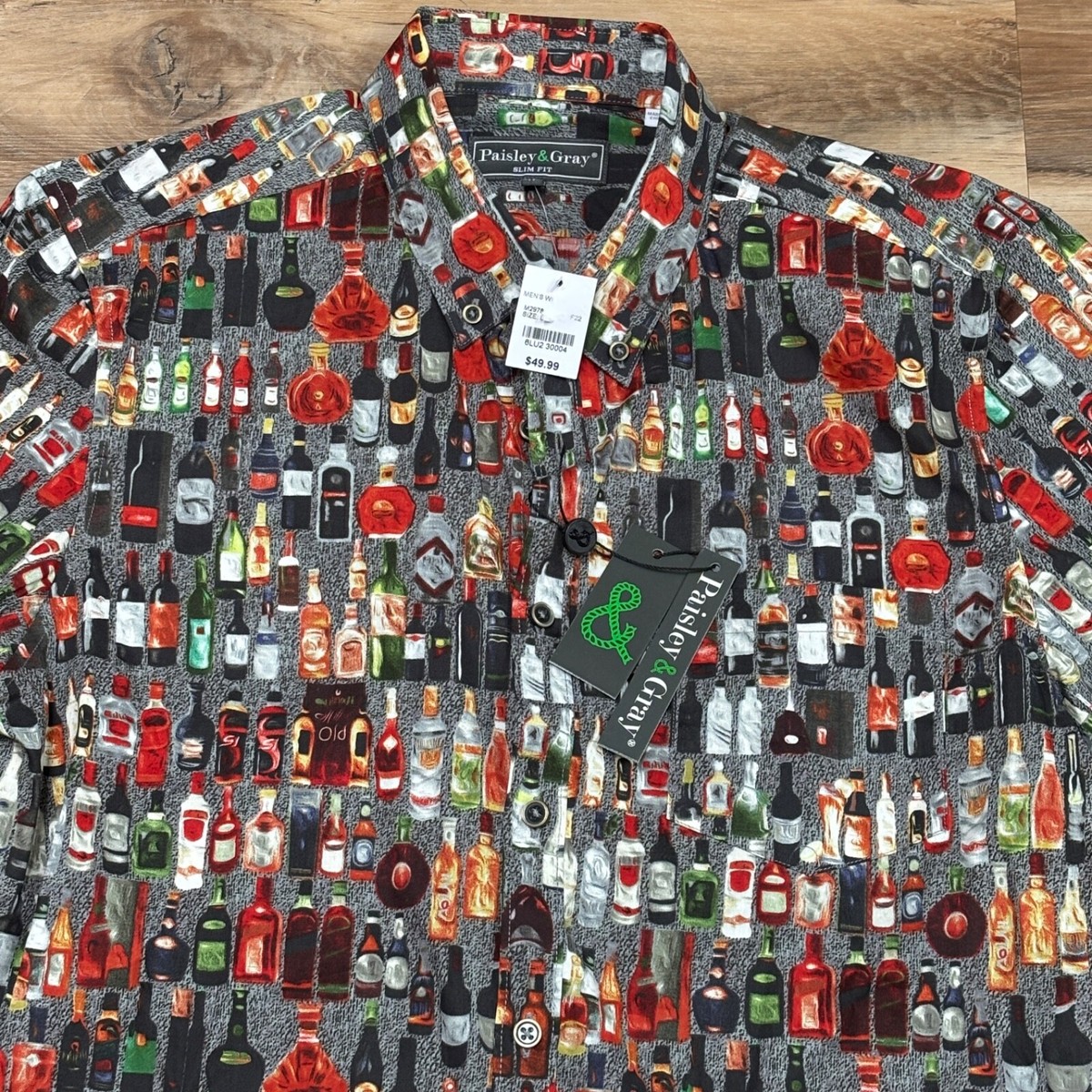 Paisley Gray Shirt Mens XL Slim Fit Bar Back Print Liquor Bottles AOP