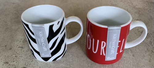 2 x Tazas Epresso Cocina Artesanal 80cl en Diseños Divertidos. Estampado de cebra. Eslogan. Nuevo.