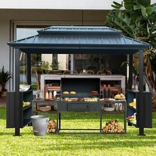 Domi Outdoor 6x10FT Hardtop Grill Gazebo w/2 Double-Layer Storage Cabinets,Gray