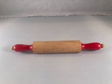 Vintage Play Kitchen Wood Rolling Pin with Red Handles 8 1/4"