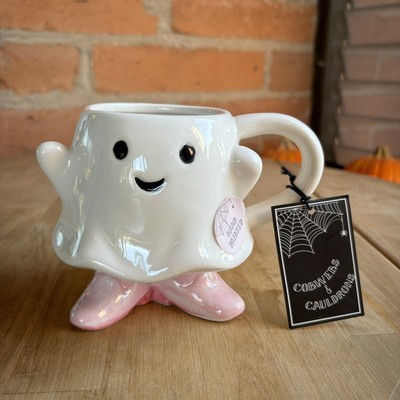 Cobwebs & Cauldrons Ivory Ghost with Pink Boots Cute Shaped Halloween Coffee Mug