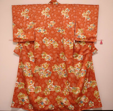 Woman Japanese Kimono Komon Silk Plum Blossom Gold Foil Orange