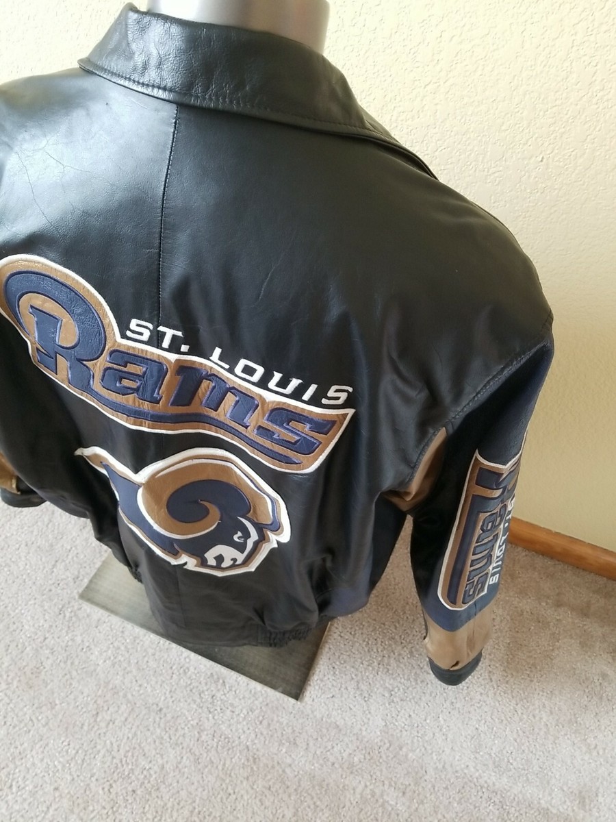 NFL St. Louis Rams レザー スタジャン NFL】美品 ST.LOUIS RAMS 両面刺繍 本革 袖レザースタジャン
