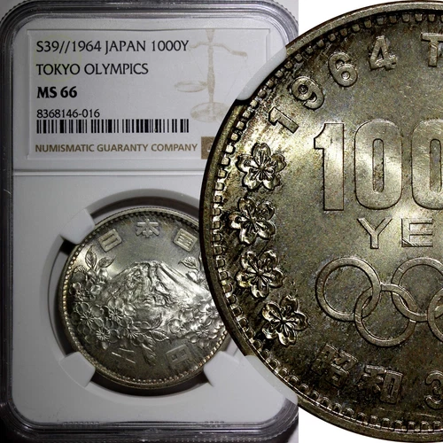 JAPAN Silver S39 1964 1000 Yen Olympics, Tokyo NGC MS66 Nice Toned Y# 80 (016)